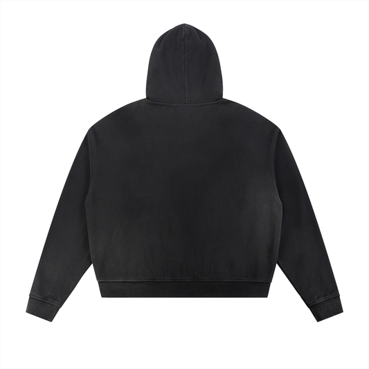 Sun Fade Frayed Raw Edge Fleece Zip Hoodie Black