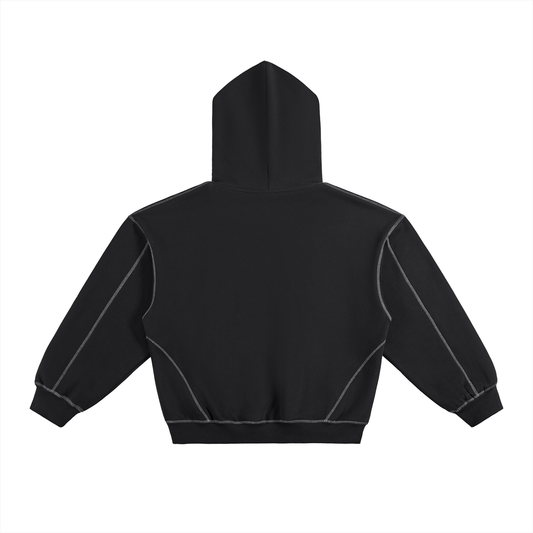 Contrast-Stitched Boxy Fleece Hoodie Black