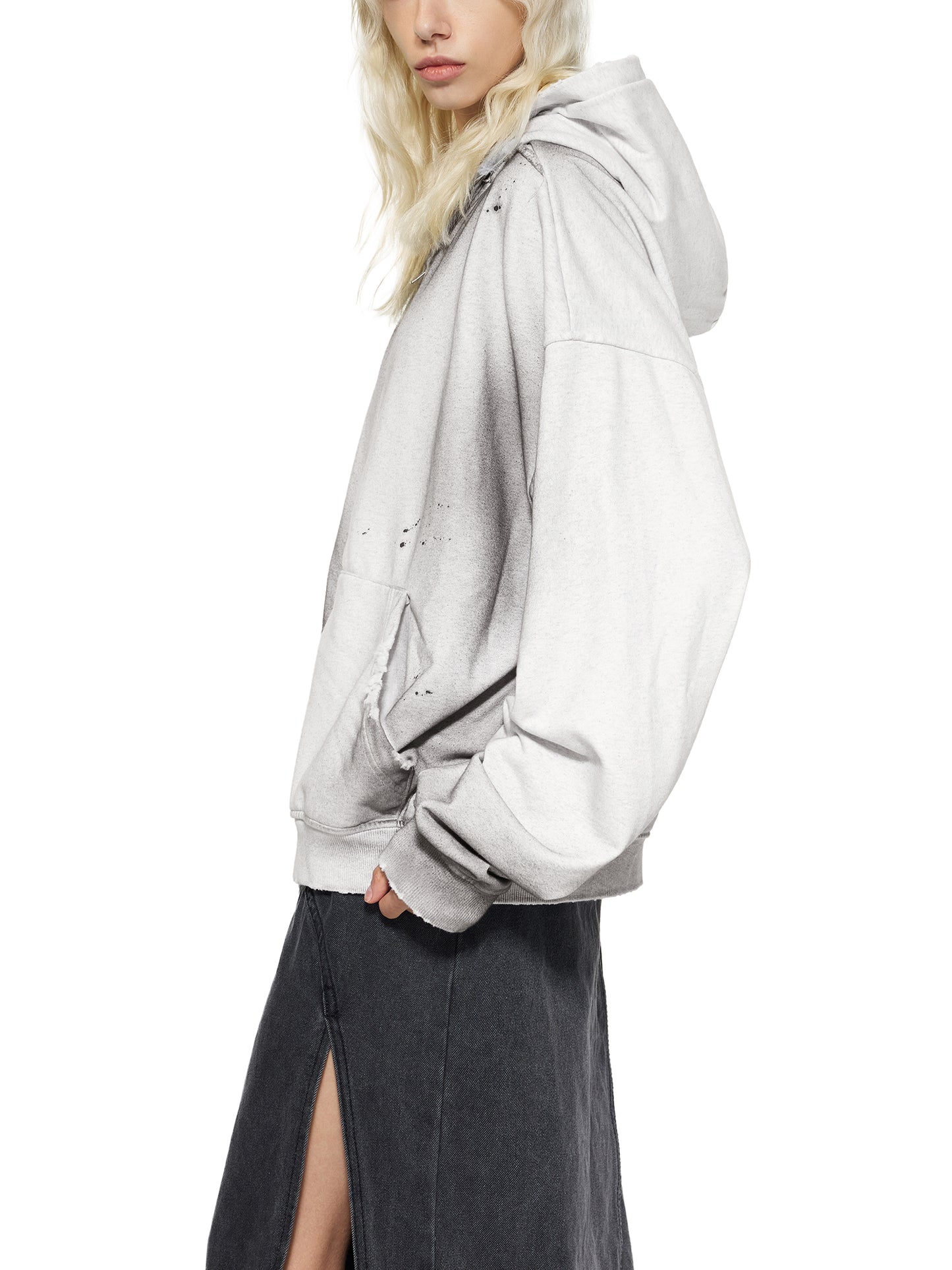 Sun Fade Frayed Raw Edge Fleece Zip Hoodie Grey