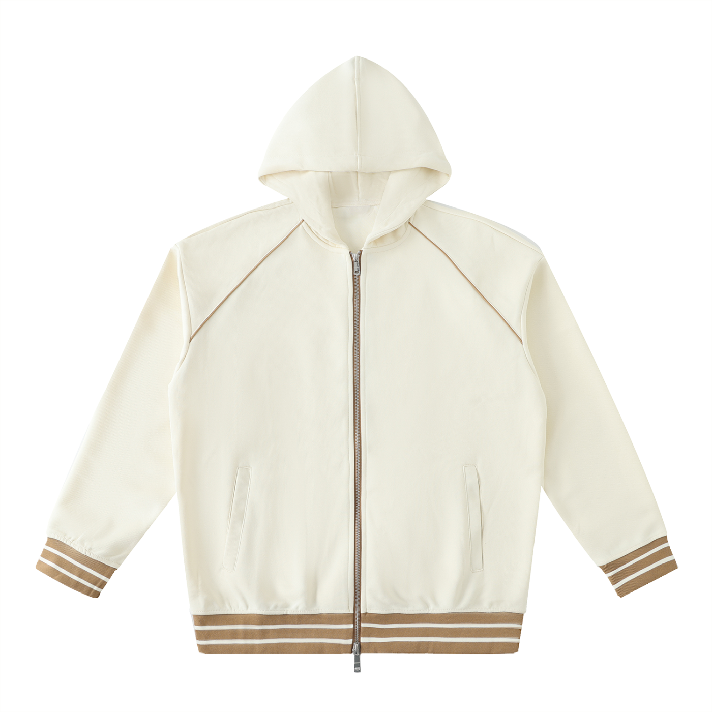 Striped Trim Zip-Up Hoodie Cream