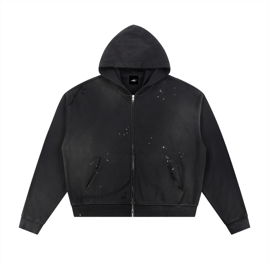 Sun Fade Frayed Raw Edge Fleece Zip Hoodie Black