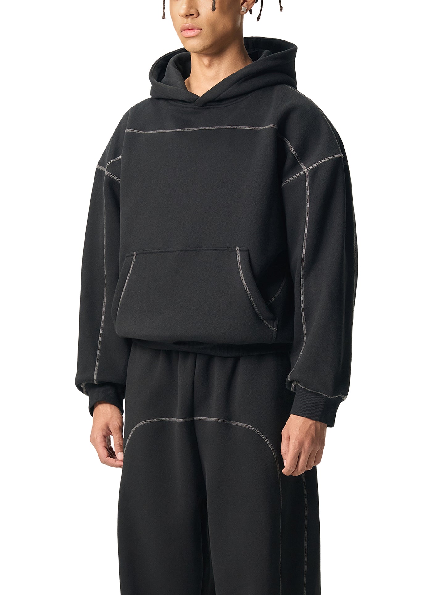 Contrast-Stitched Boxy Fleece Hoodie Black