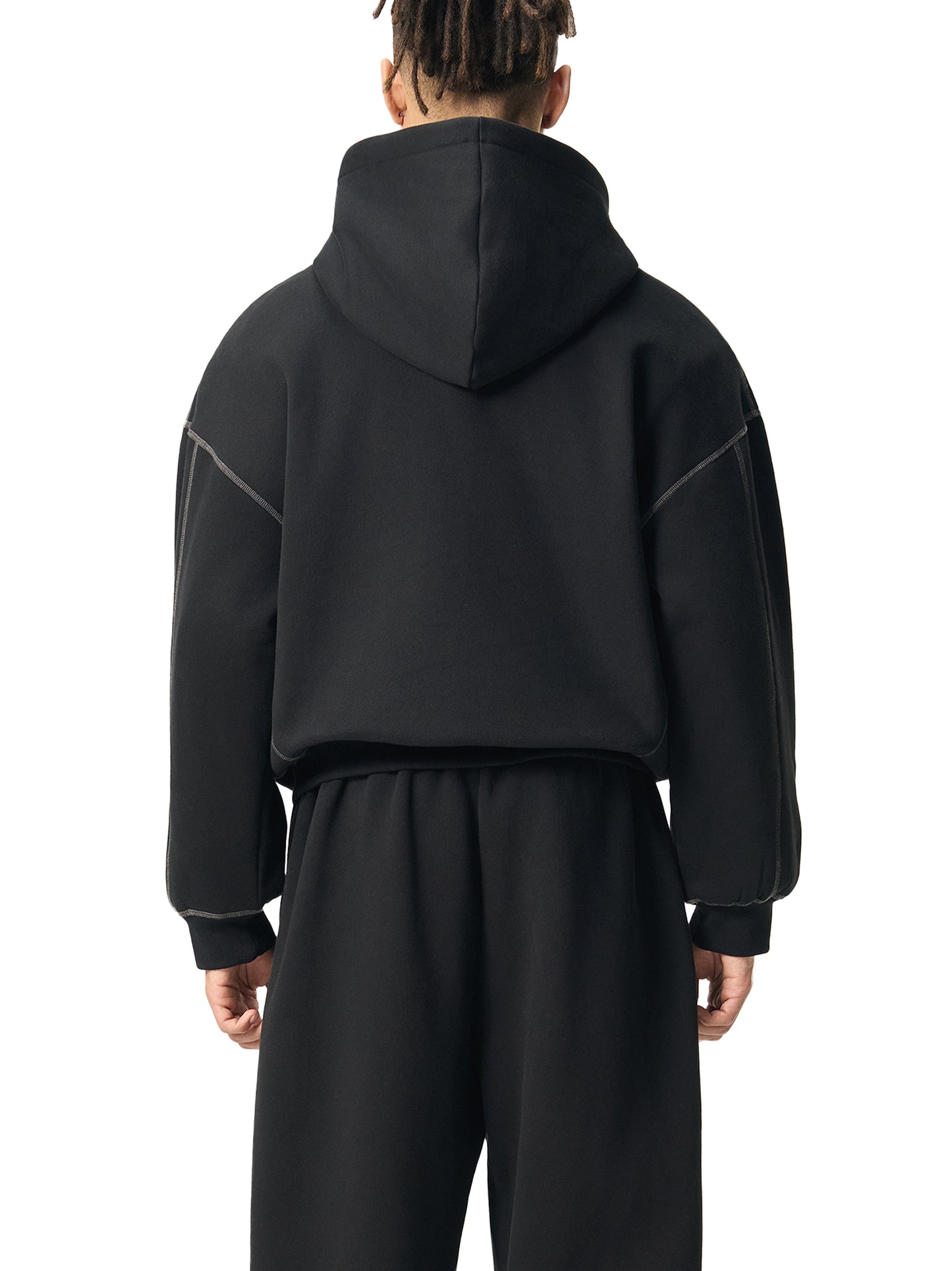 Contrast-Stitched Boxy Fleece Hoodie Black