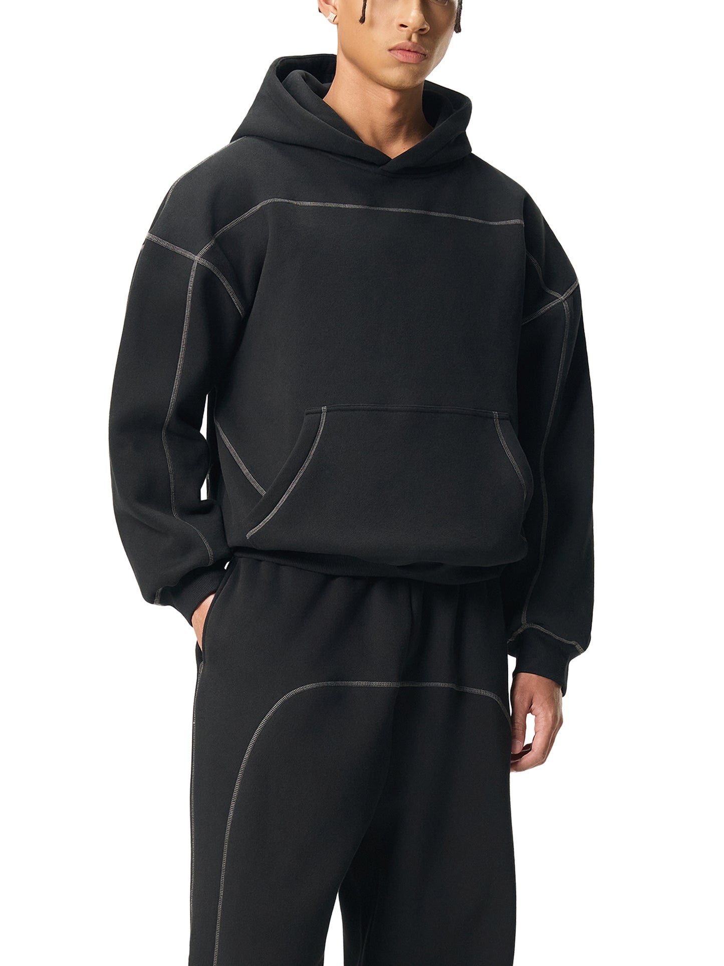Contrast-Stitched Boxy Fleece Hoodie Black
