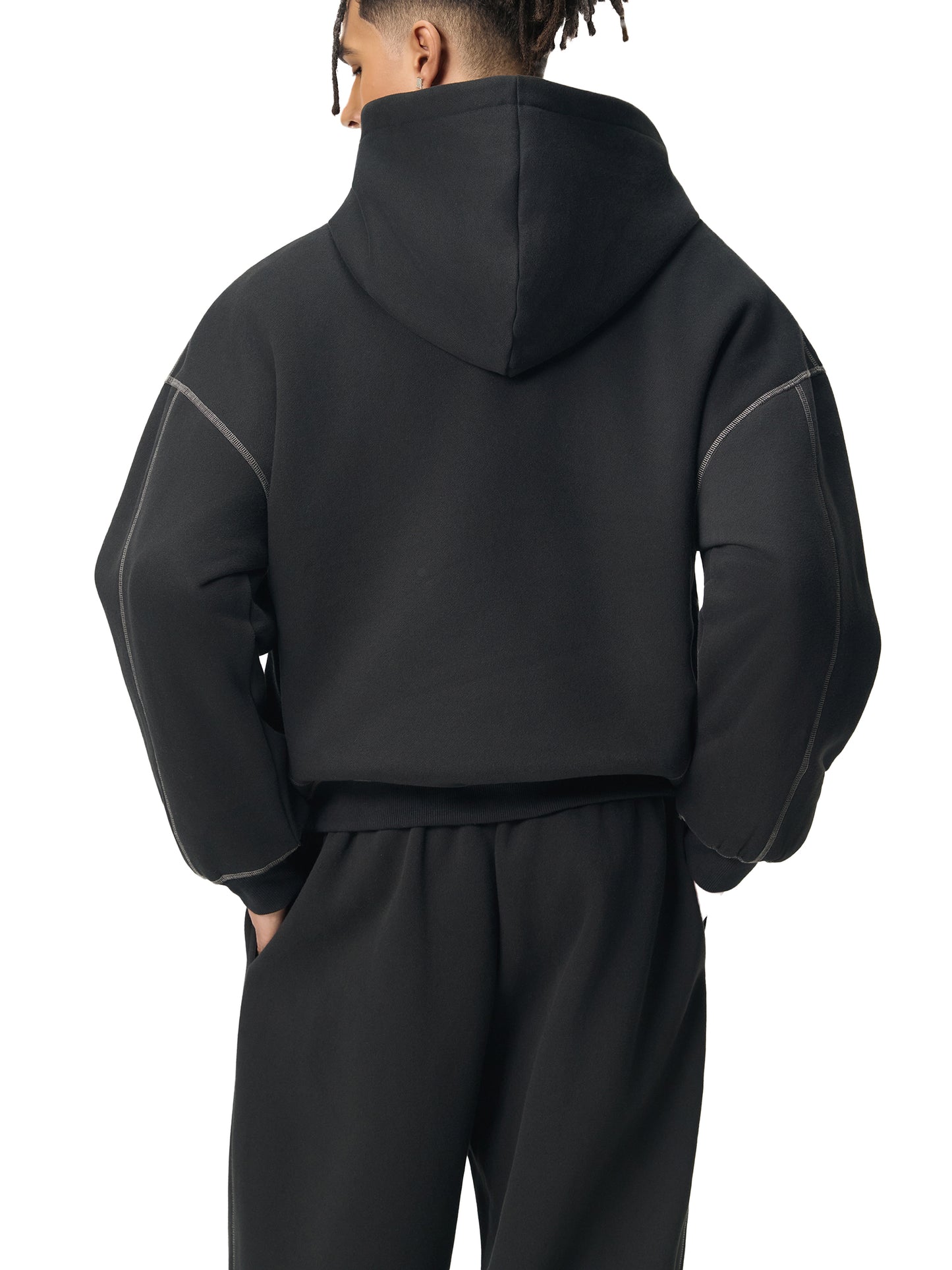 Contrast-Stitched Boxy Fleece Hoodie Black