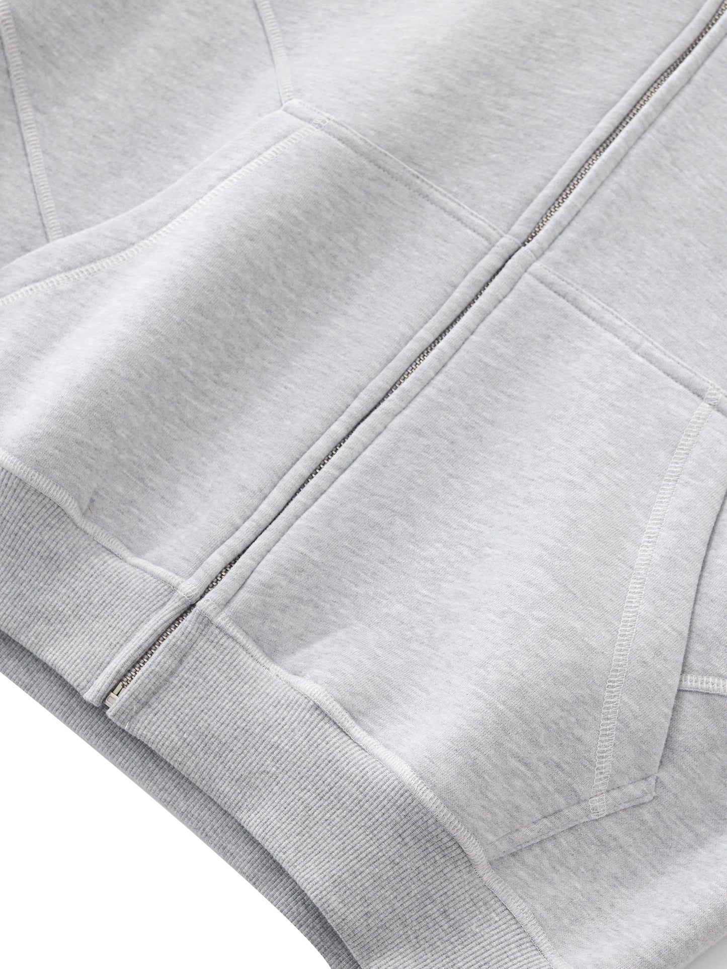 Contrast-Stitched Boxy Fleece Zip Hoodie Grey
