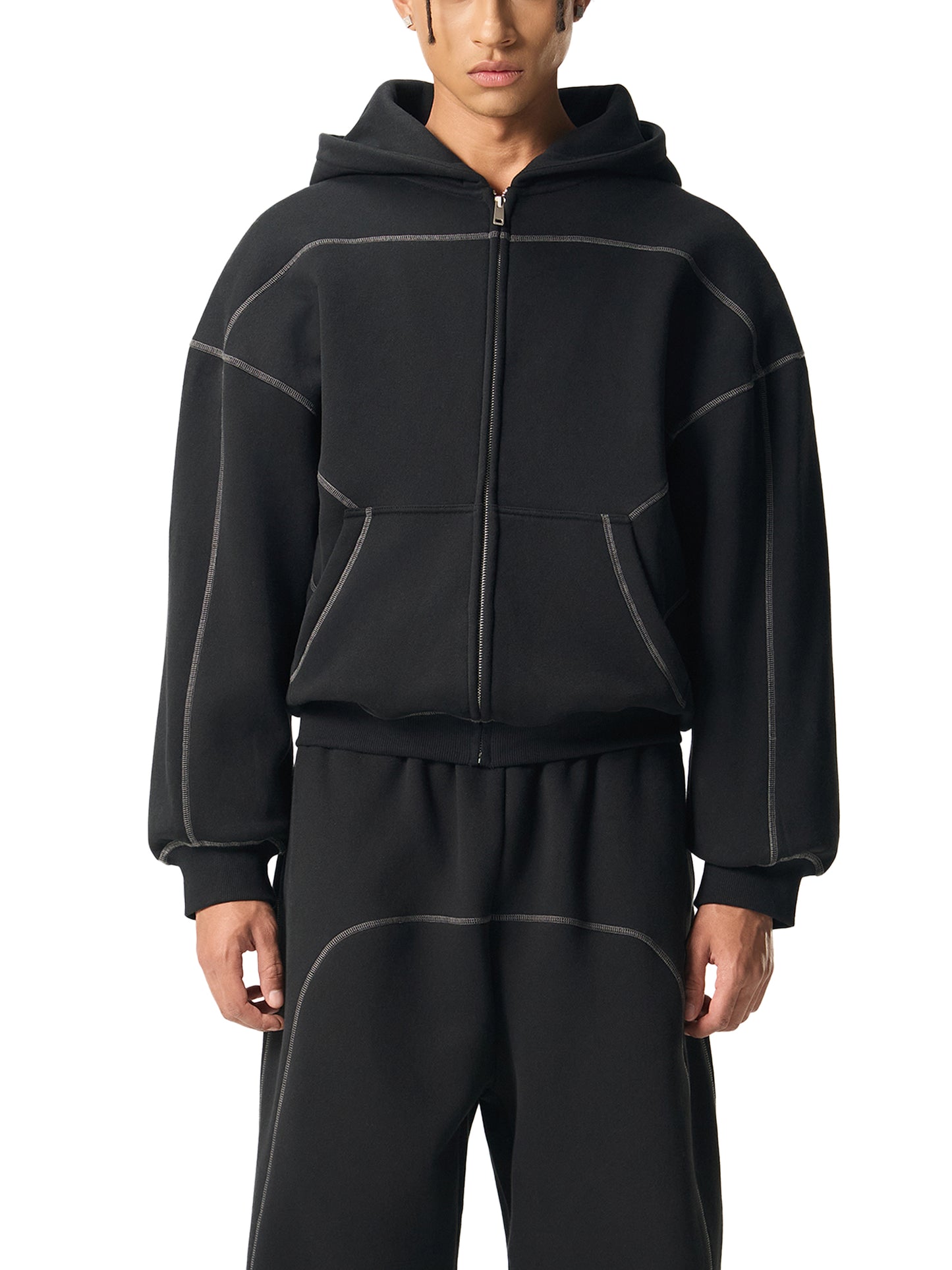 Contrast-Stitched Boxy Fleece Zip Hoodie Black