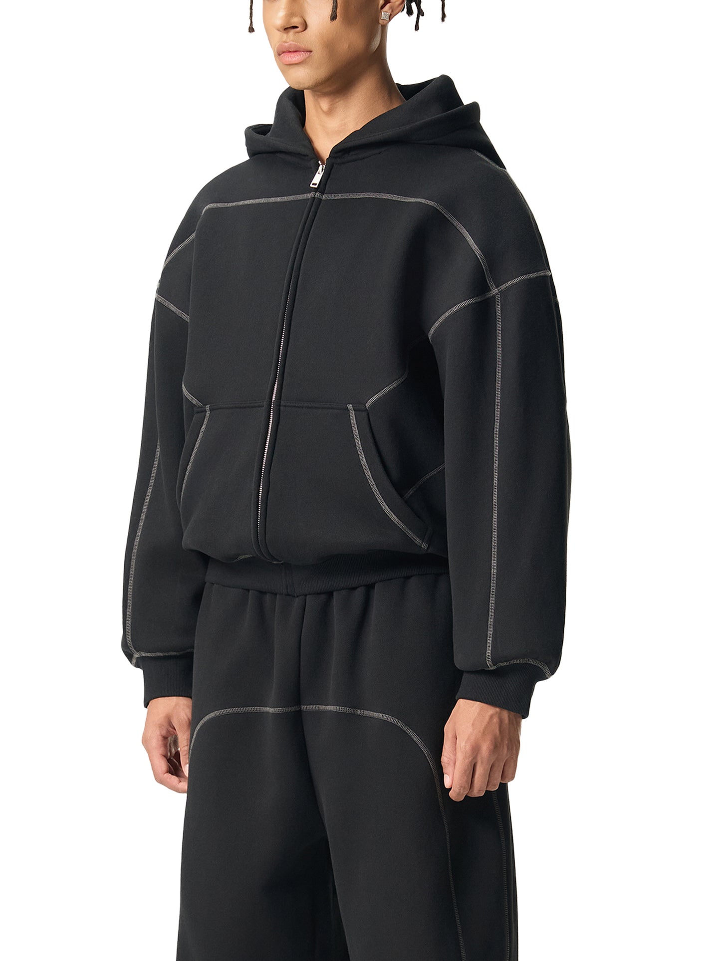 Contrast-Stitched Boxy Fleece Zip Hoodie Black