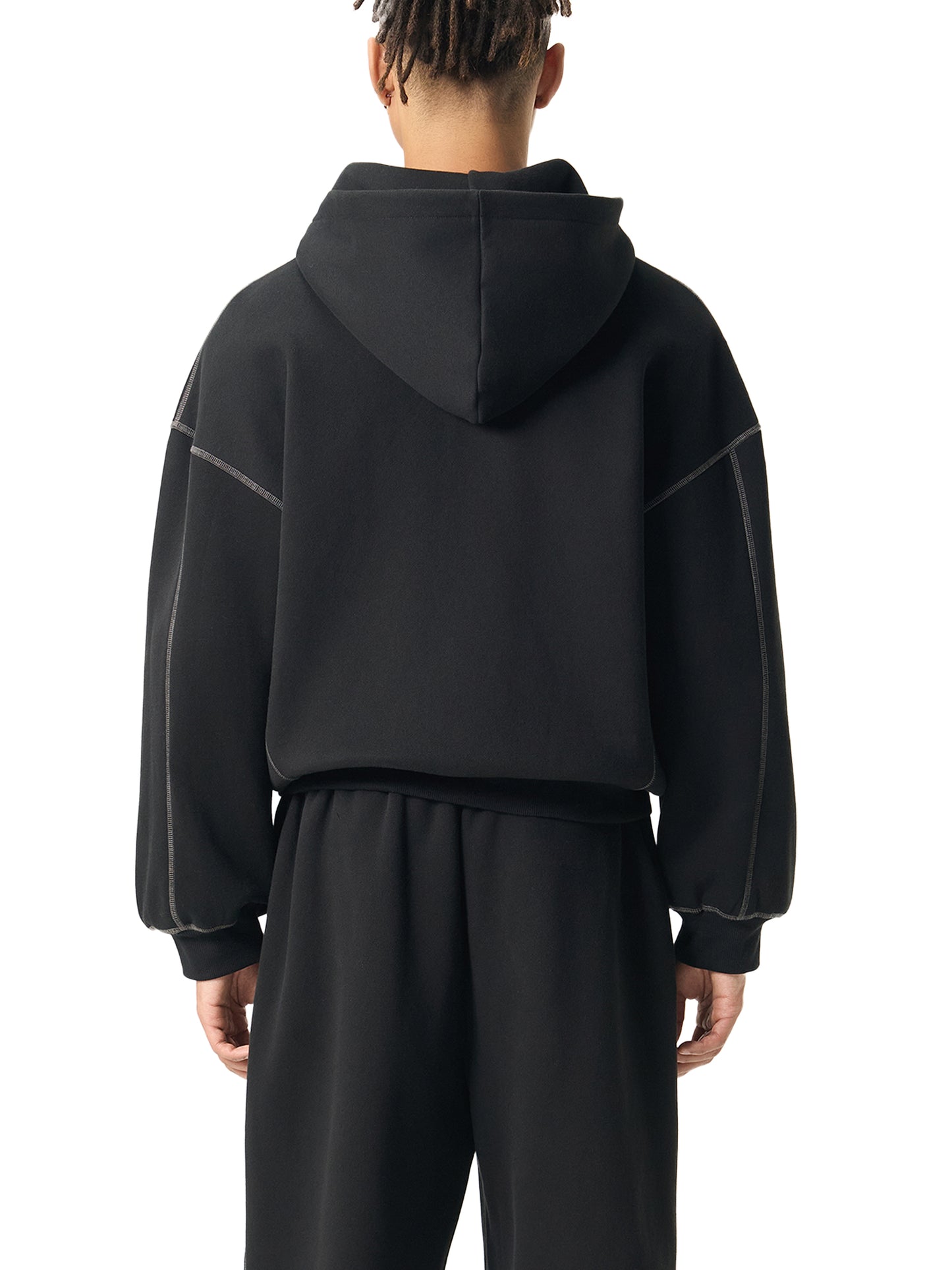 Contrast-Stitched Boxy Fleece Zip Hoodie Black
