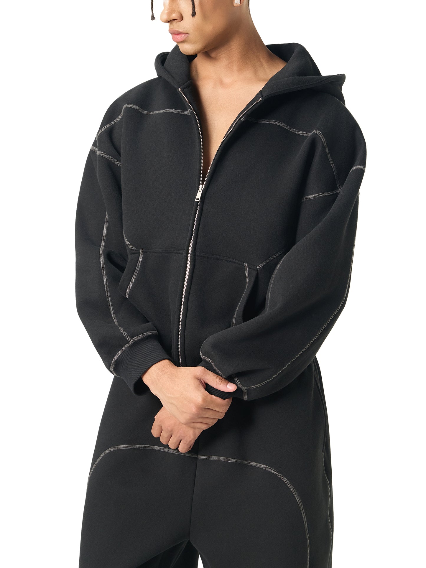 Contrast-Stitched Boxy Fleece Zip Hoodie Black