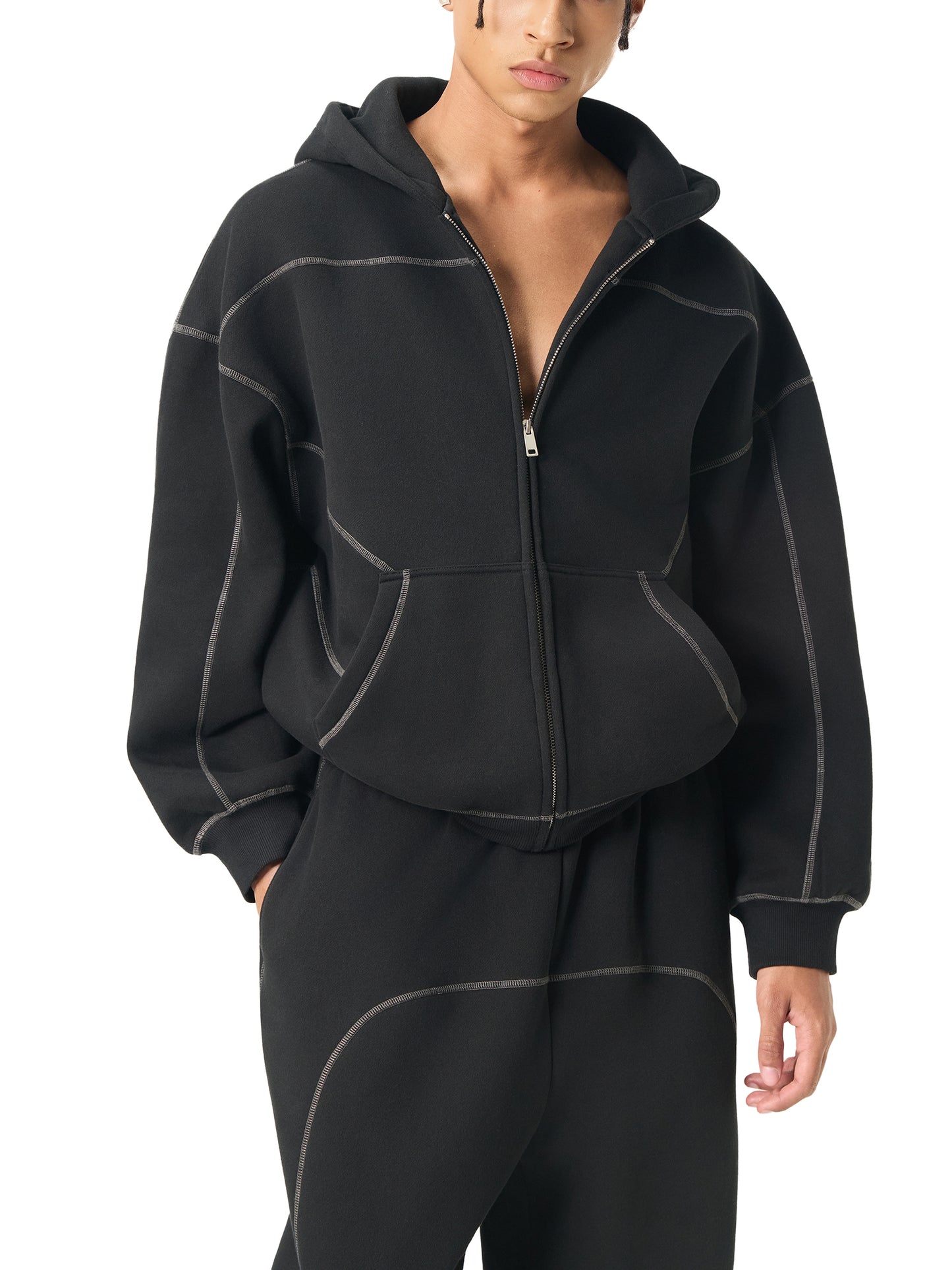 Contrast-Stitched Boxy Fleece Zip Hoodie Black
