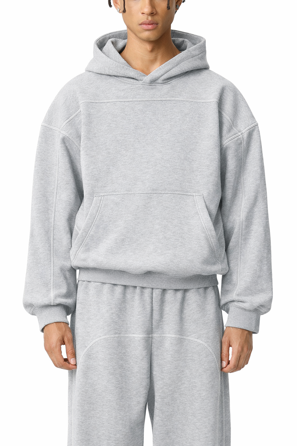 Contrast-Stitched Boxy Fleece Hoodie Grey