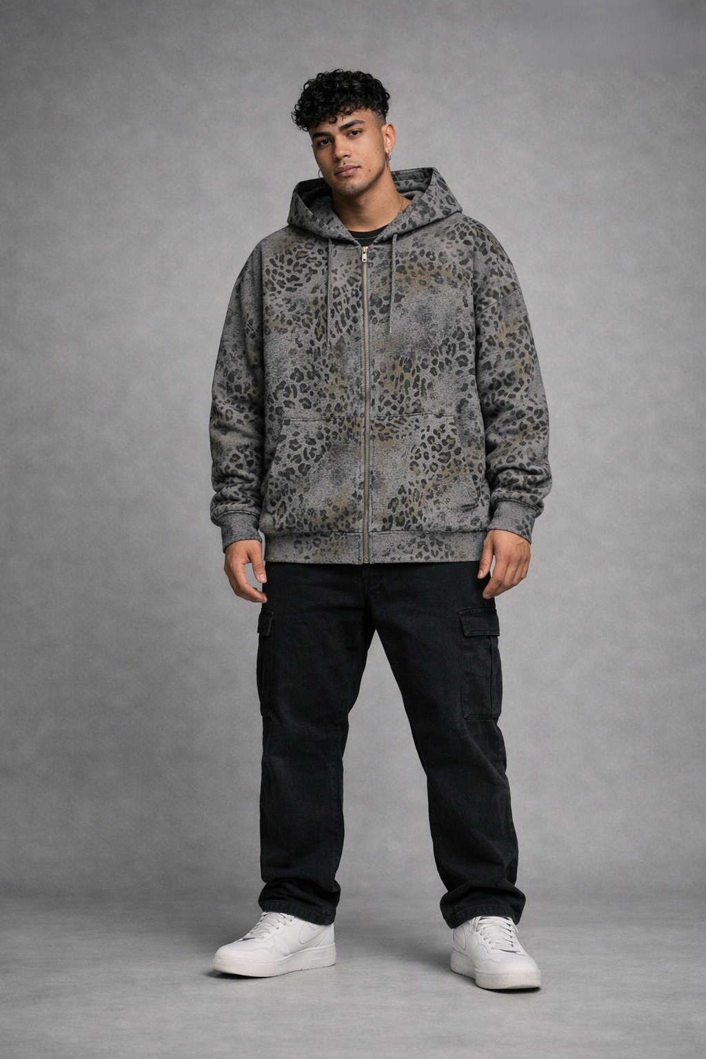 Vintage Wash Leopard Full Zip Hoodie Grey