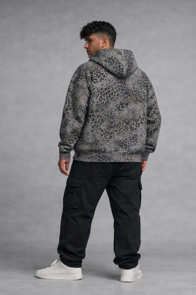 Vintage Wash Leopard Full Zip Hoodie Grey
