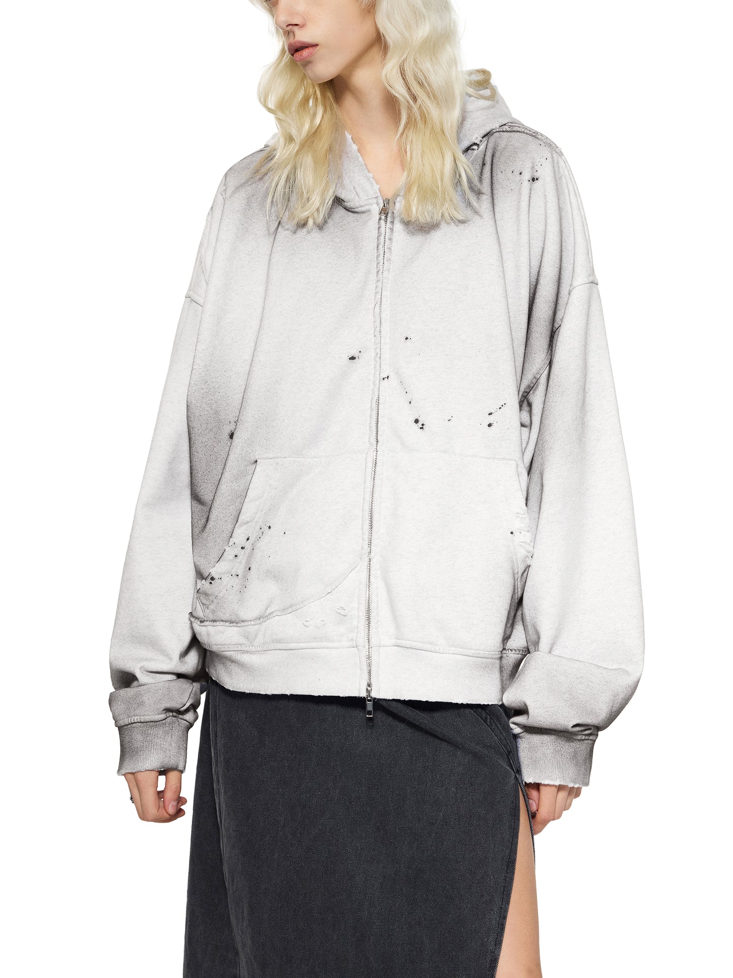 Sun Fade Frayed Raw Edge Fleece Zip Hoodie Grey