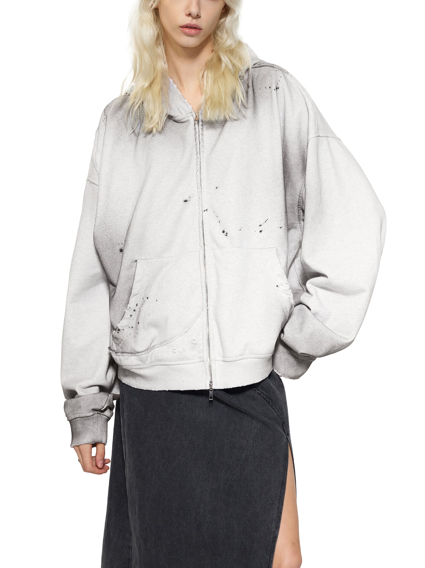 Sun Fade Frayed Raw Edge Fleece Zip Hoodie Grey