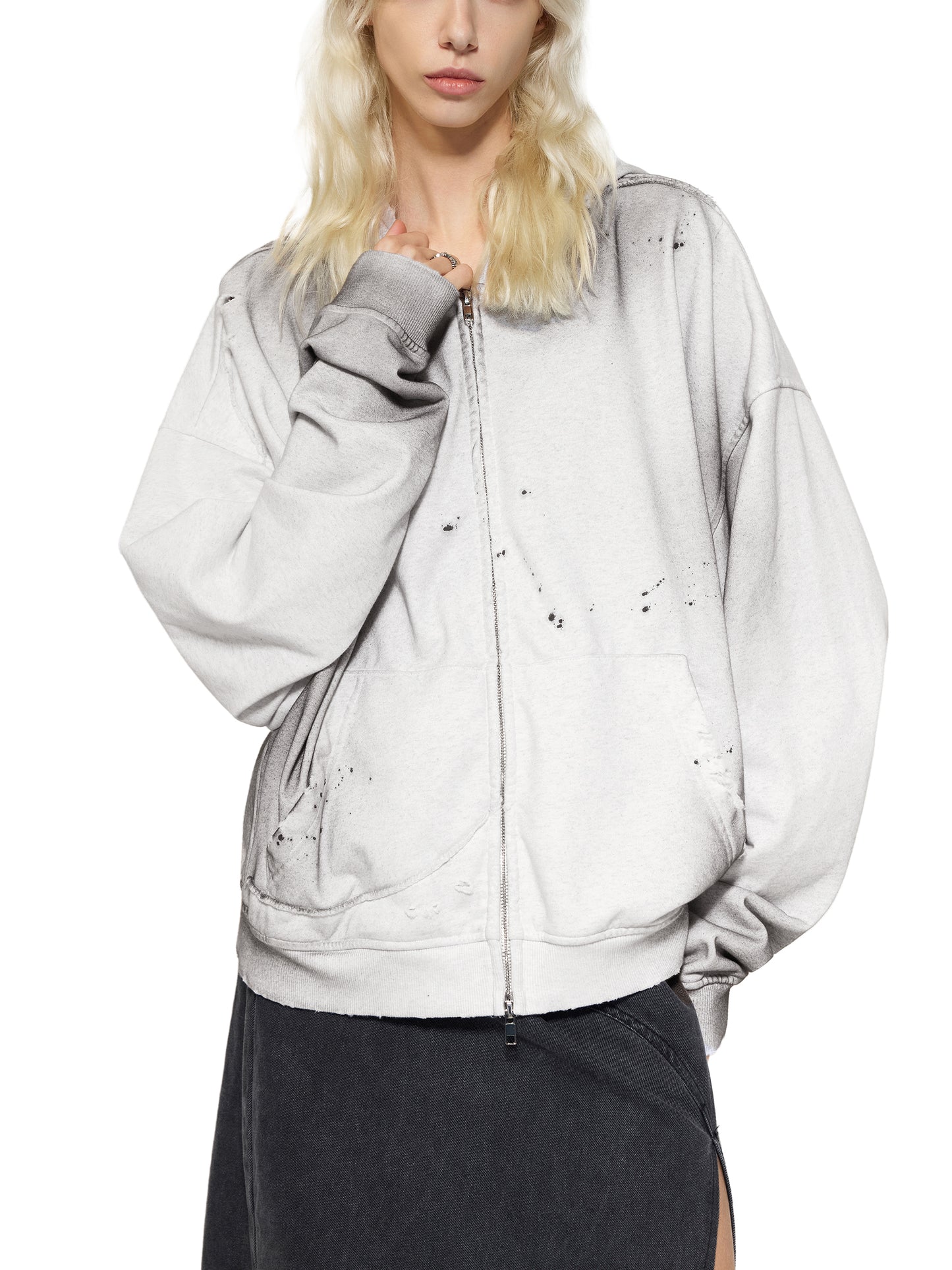 Sun Fade Frayed Raw Edge Fleece Zip Hoodie Grey