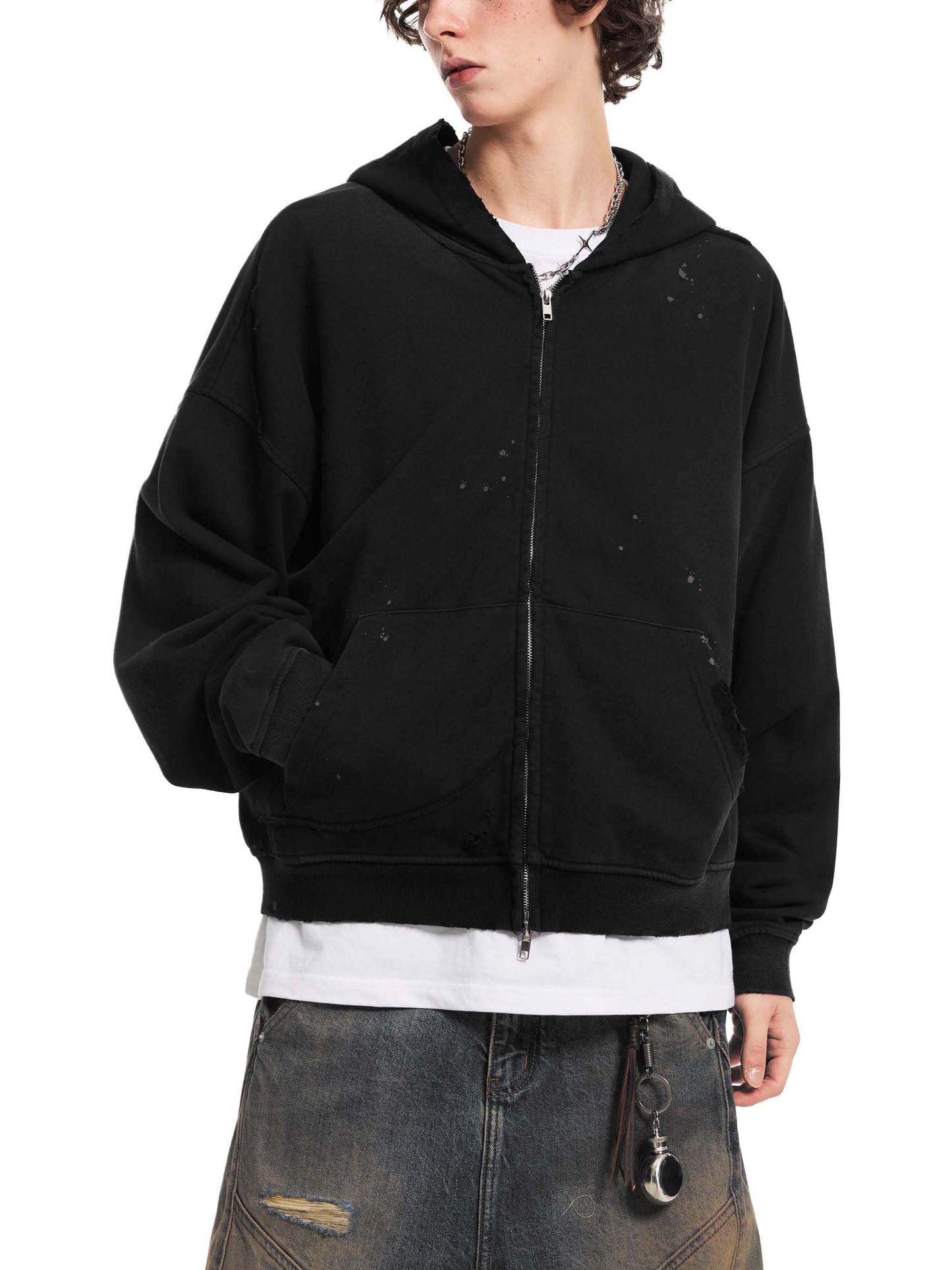 Sun Fade Frayed Raw Edge Fleece Zip Hoodie Black