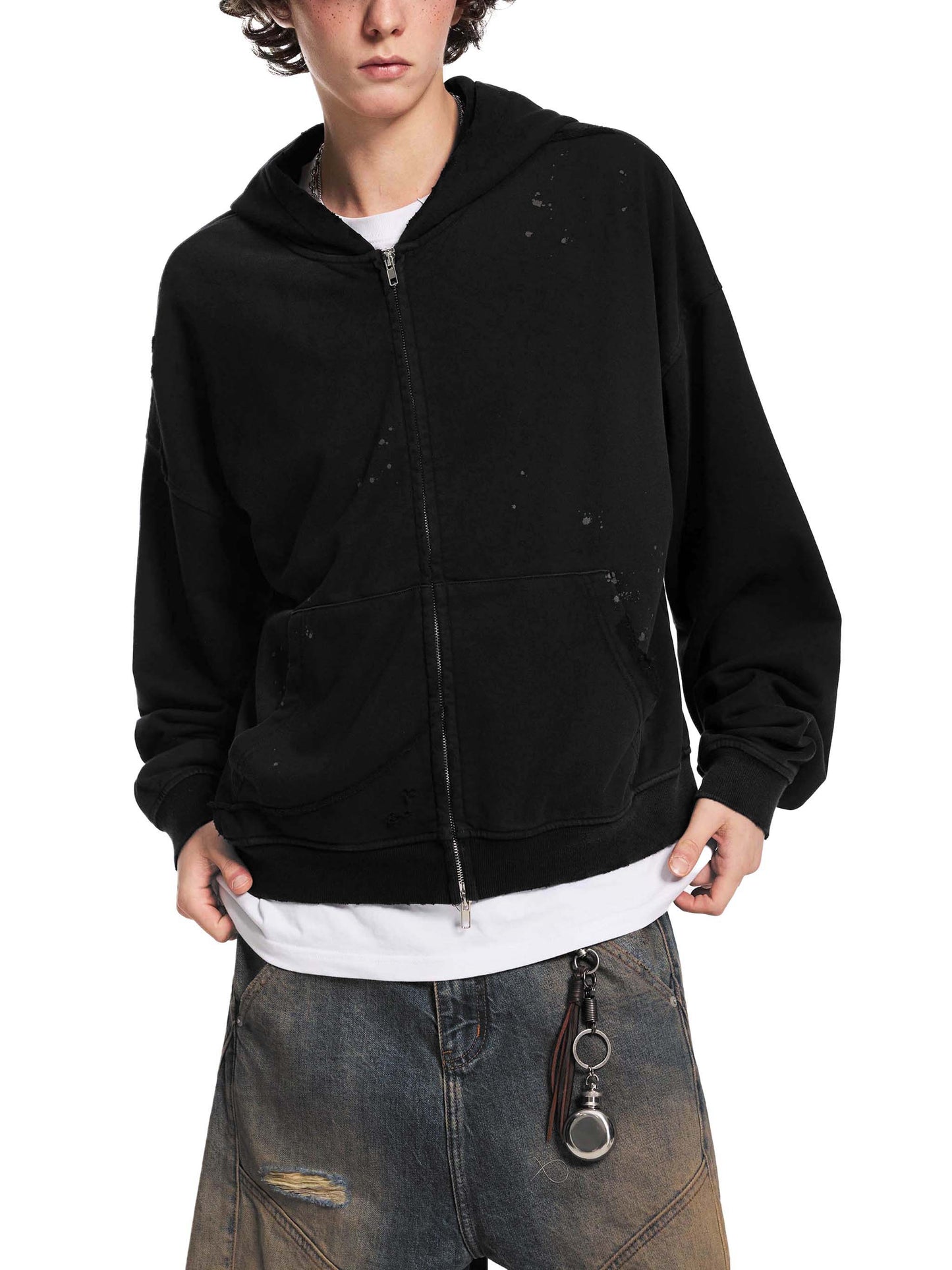 Sun Fade Frayed Raw Edge Fleece Zip Hoodie Black
