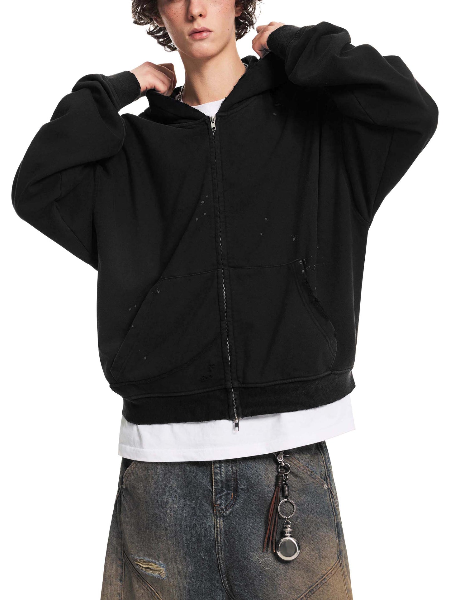 Sun Fade Frayed Raw Edge Fleece Zip Hoodie Black