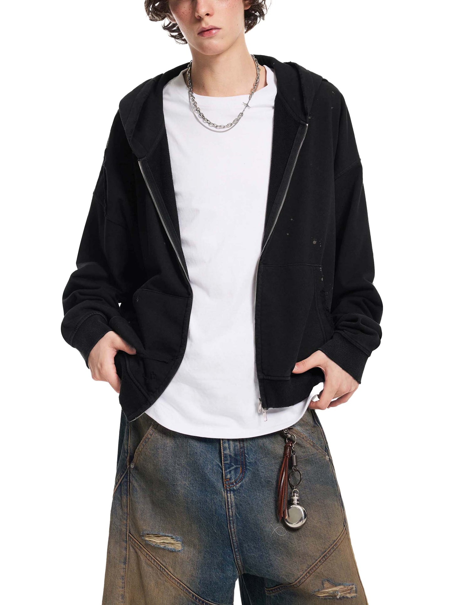 Sun Fade Frayed Raw Edge Fleece Zip Hoodie Black