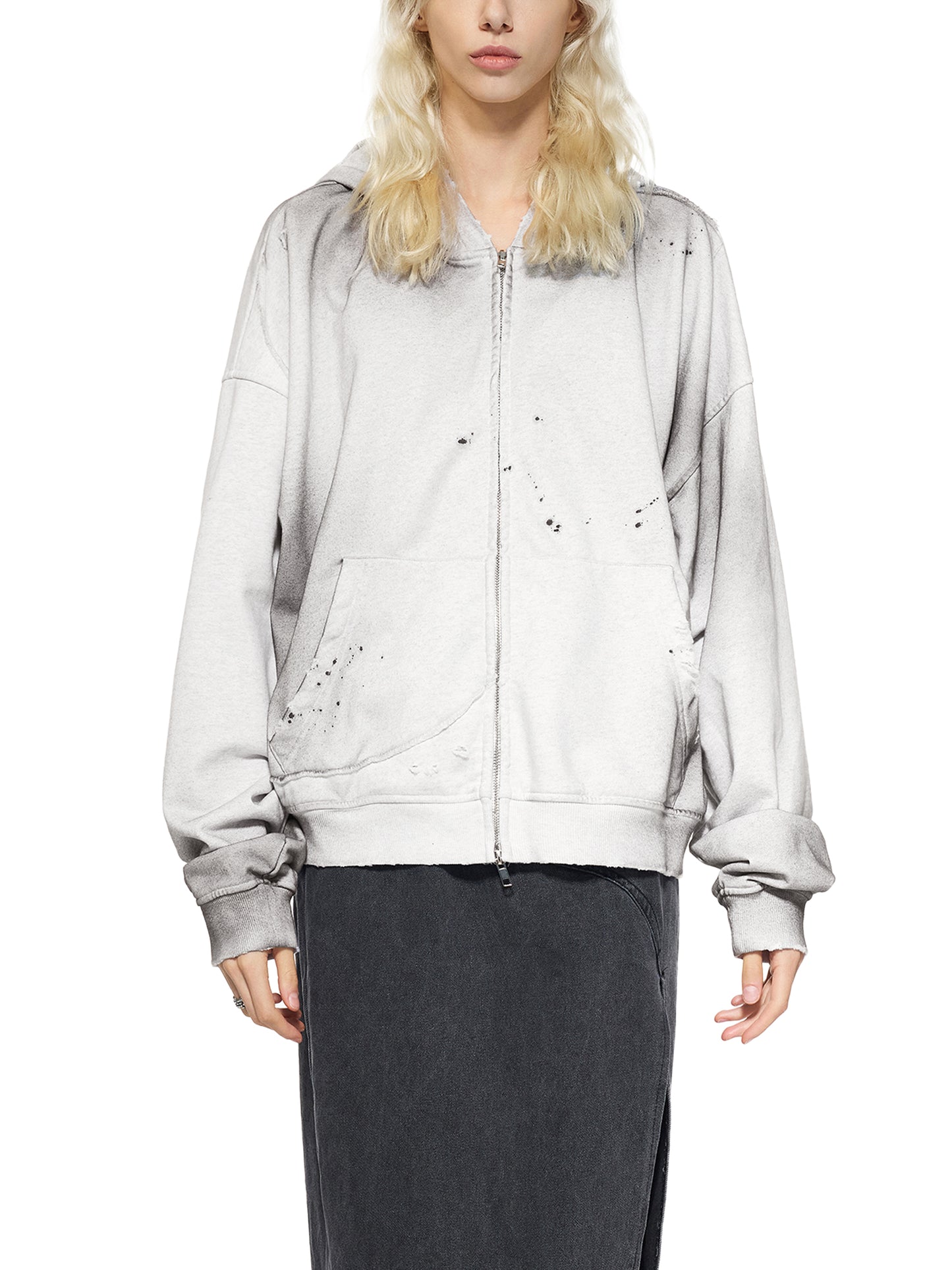 Sun Fade Frayed Raw Edge Fleece Zip Hoodie Grey