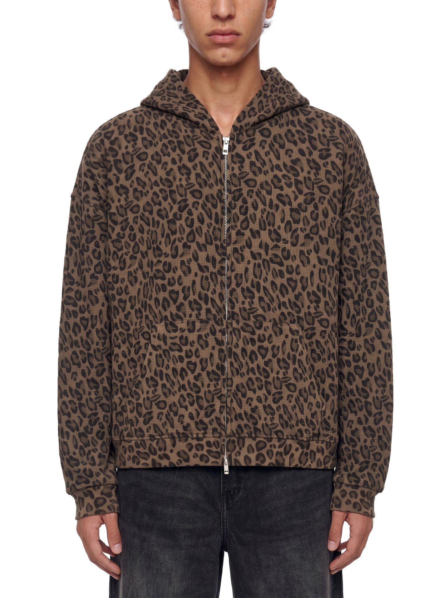 Unisex Leopard Print Waffle Full Zip Hoodie