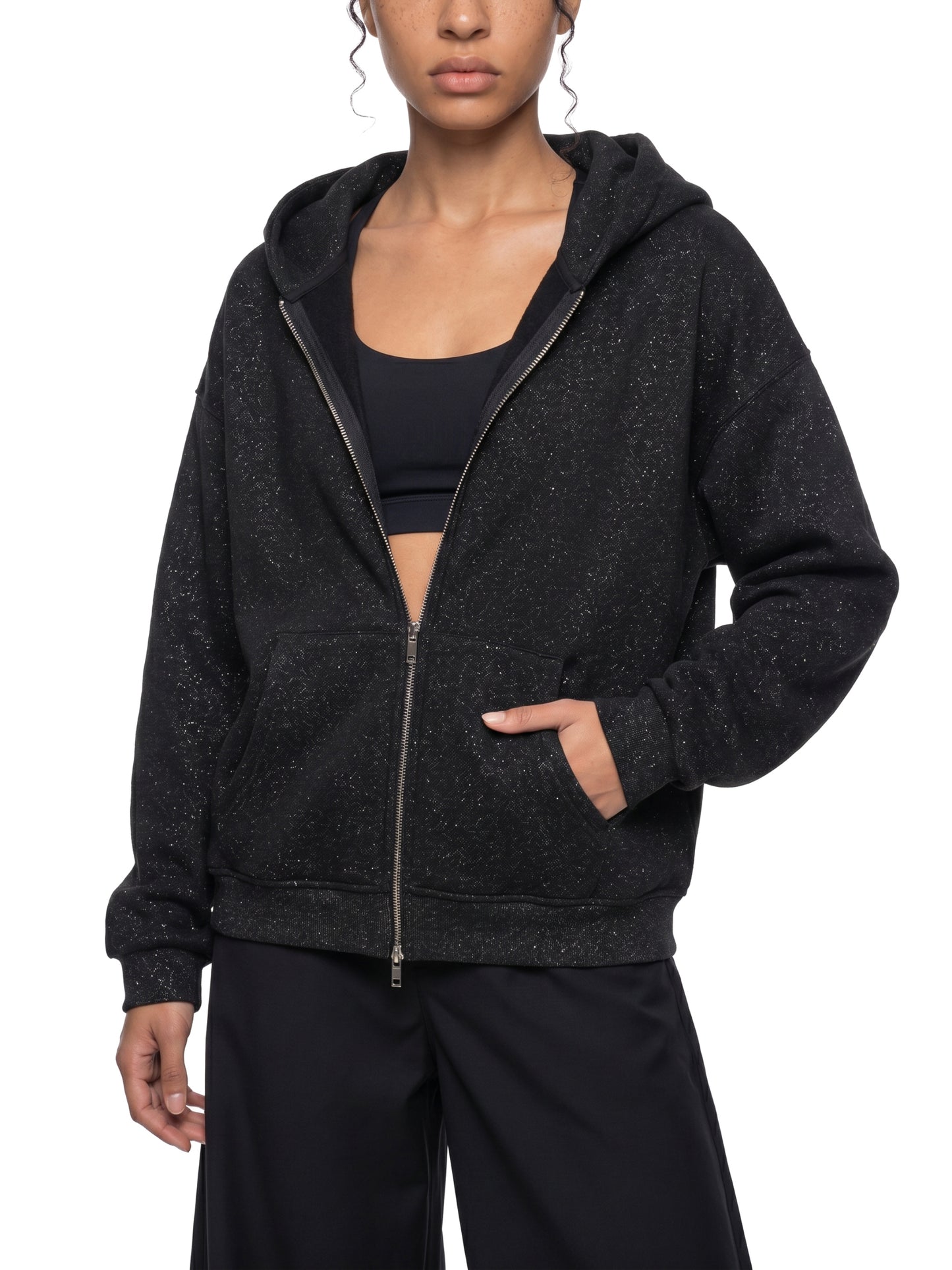 Unisex Sparkles Full Zip Boxy Hoodie Black