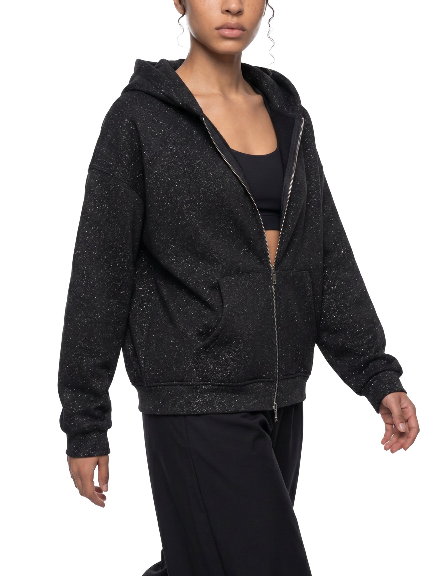 Unisex Sparkles Full Zip Boxy Hoodie Black