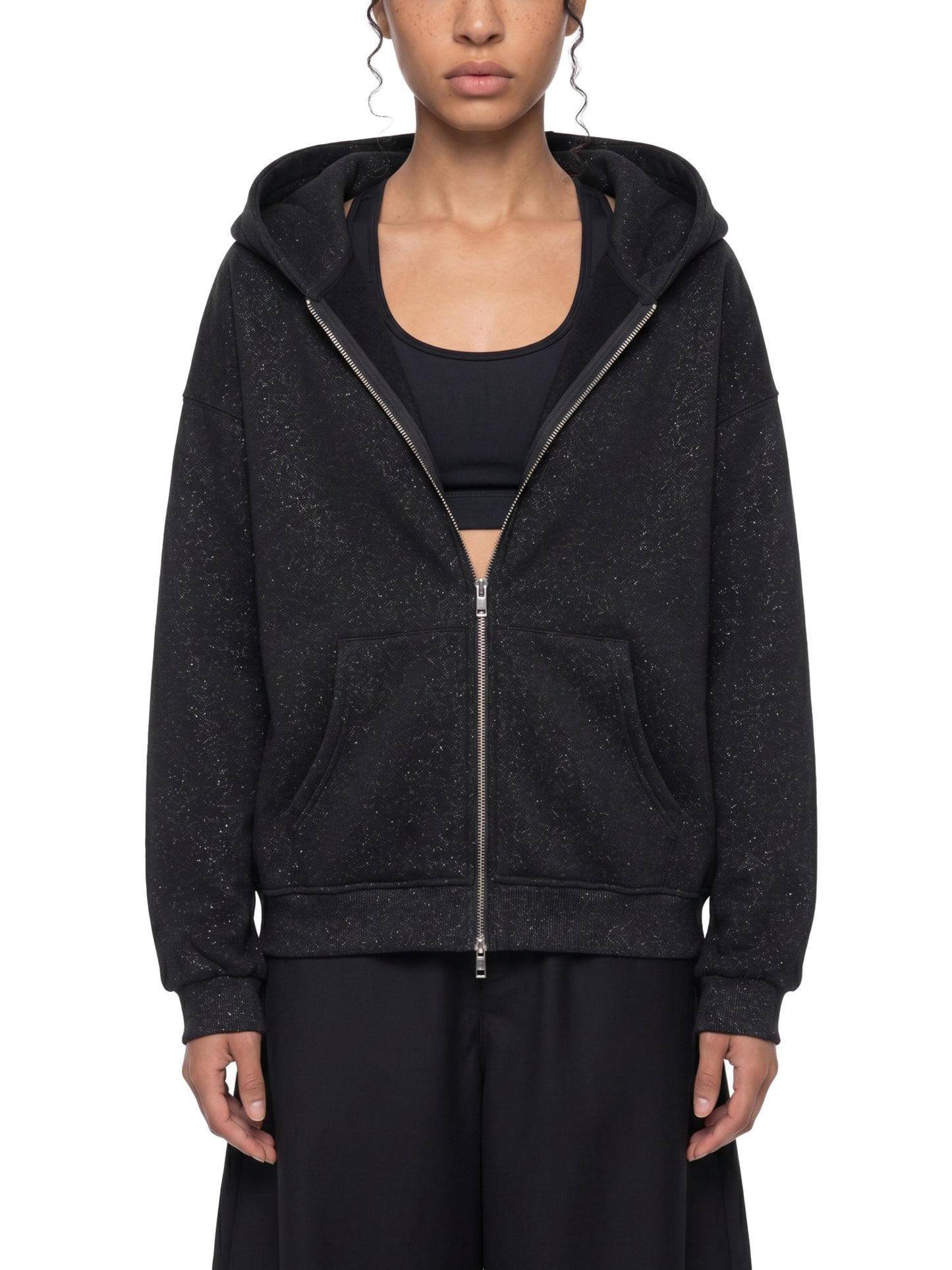 Unisex Sparkles Full Zip Boxy Hoodie Black