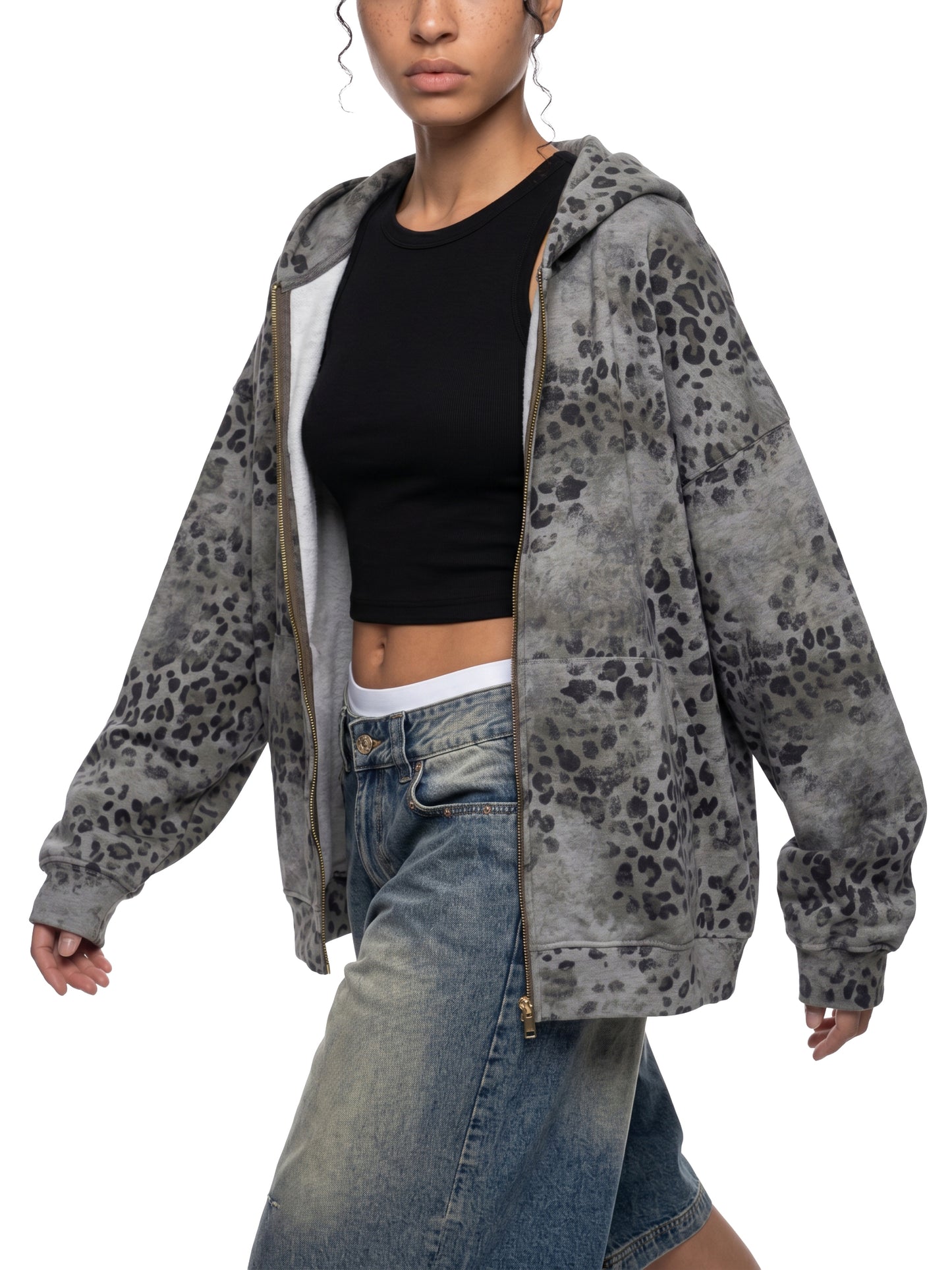 Vintage Wash Leopard Full Zip Hoodie Grey
