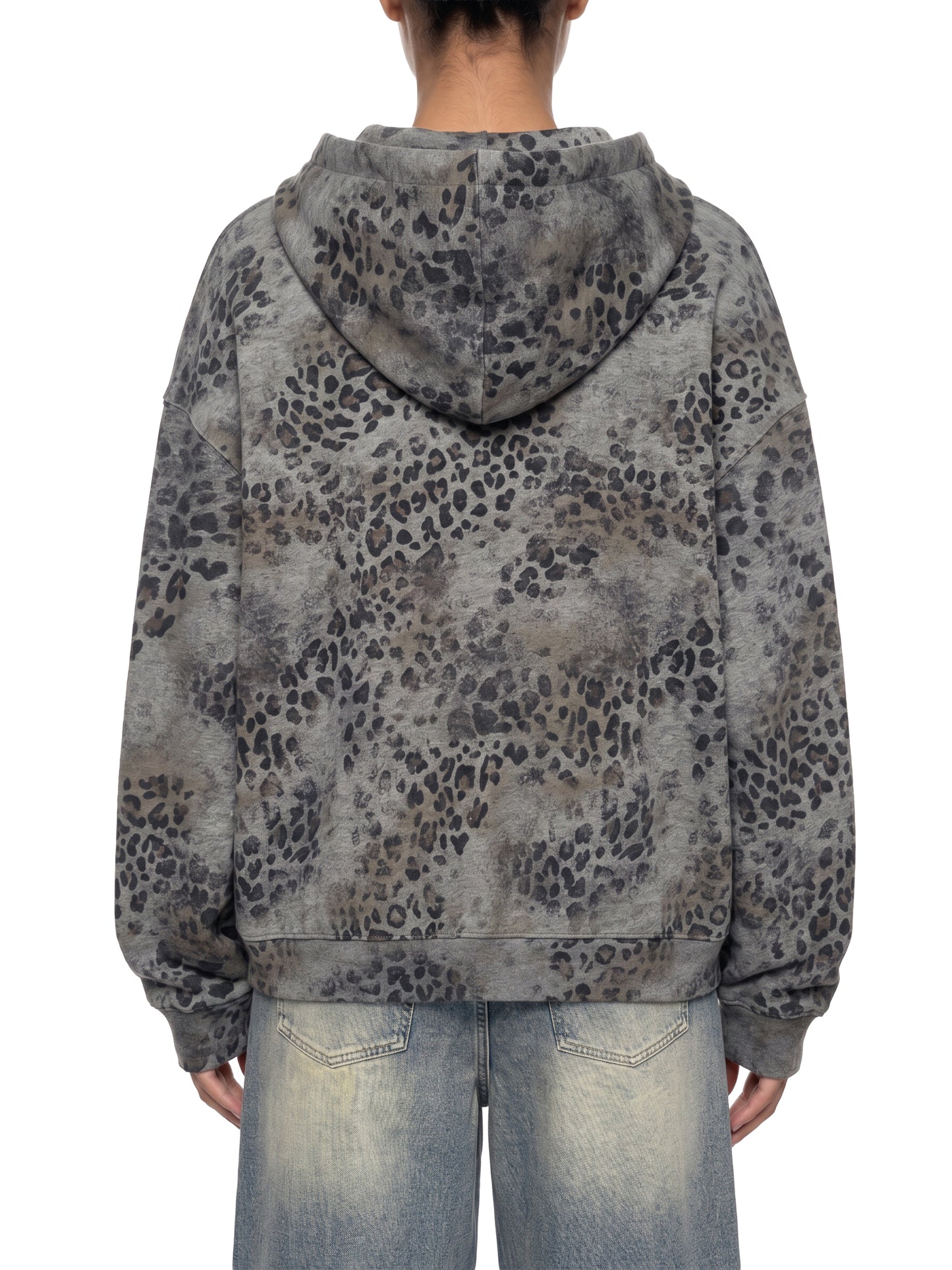 Vintage Wash Leopard Full Zip Hoodie Grey