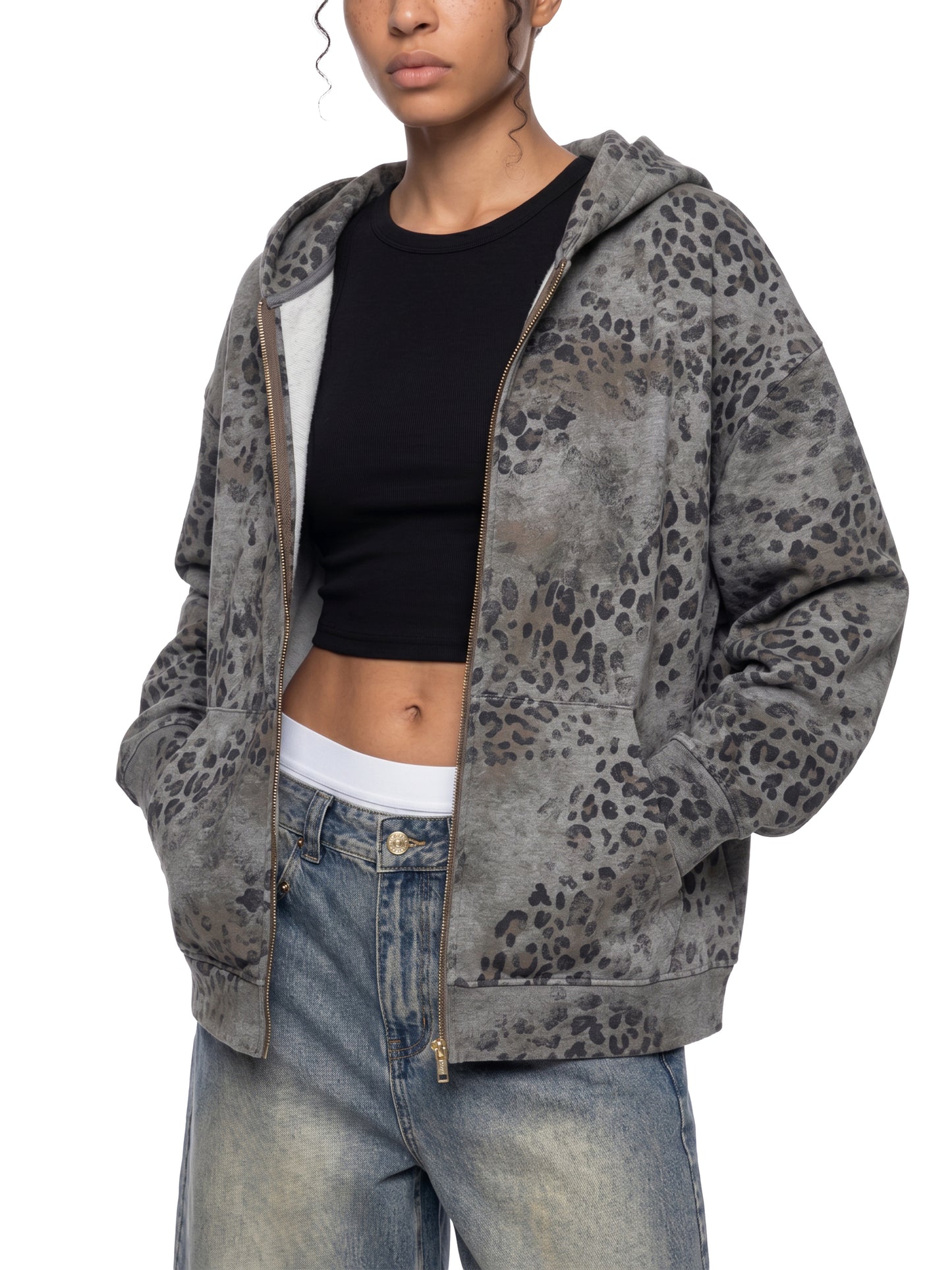 Vintage Wash Leopard Full Zip Hoodie Grey