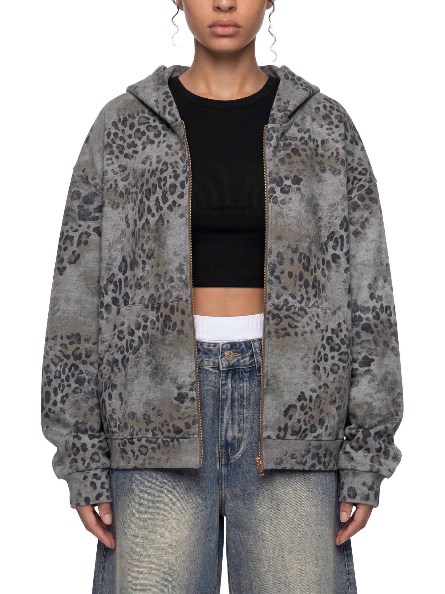 Vintage Wash Leopard Full Zip Hoodie Grey