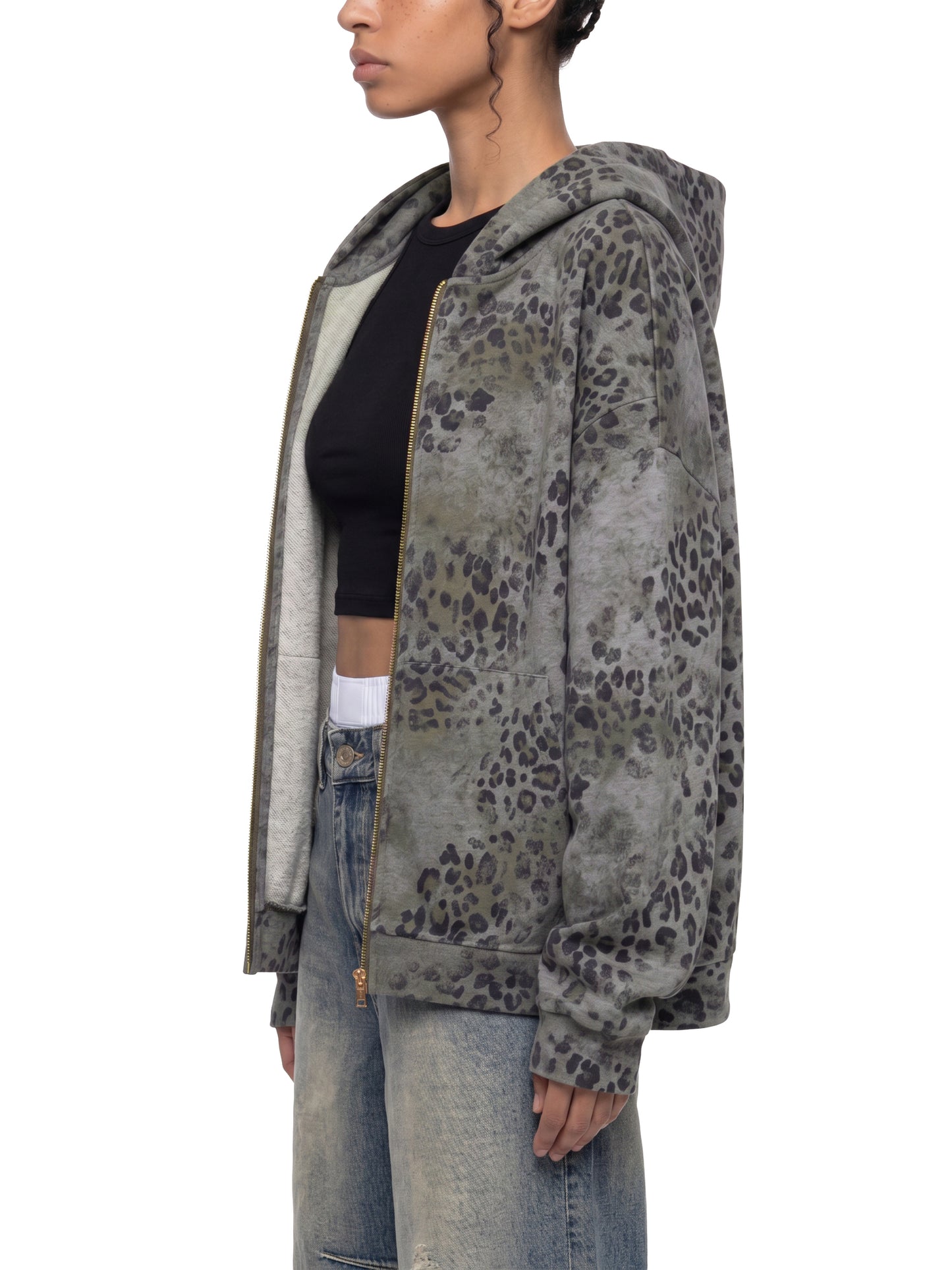 Vintage Wash Leopard Full Zip Hoodie Grey