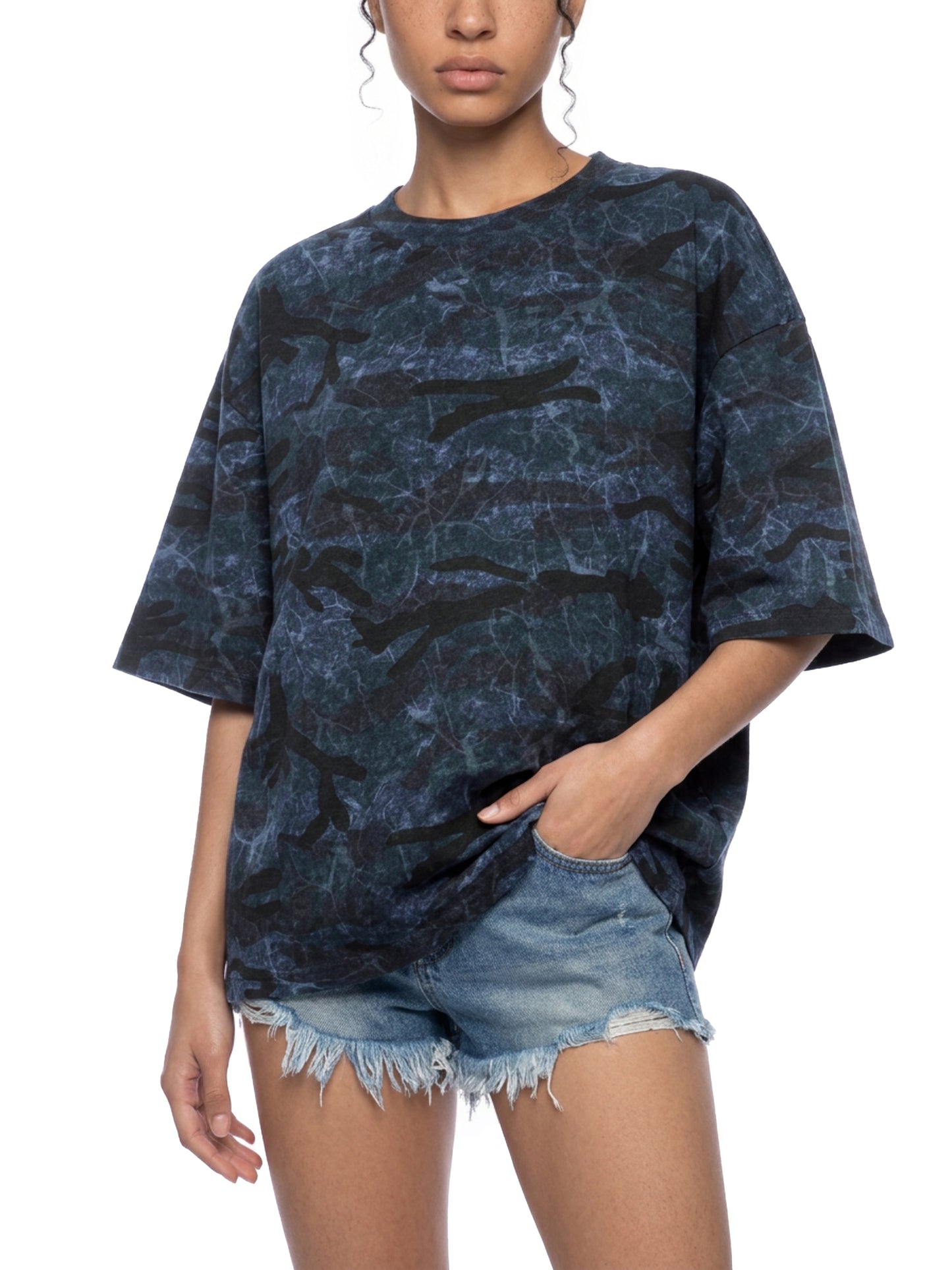 Boxy Camo Print T-Shirt Blue