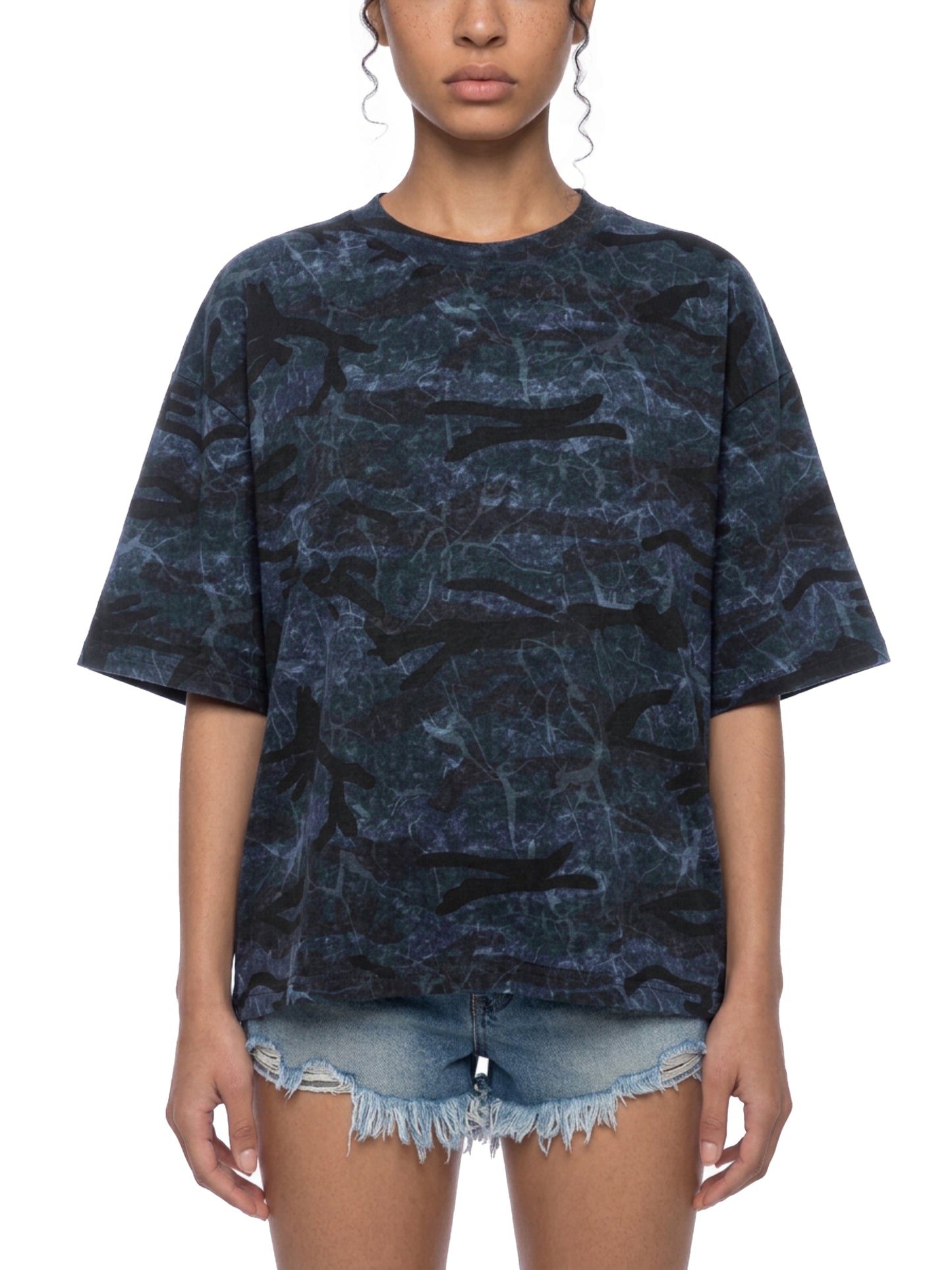 Boxy Camo Print T-Shirt Blue