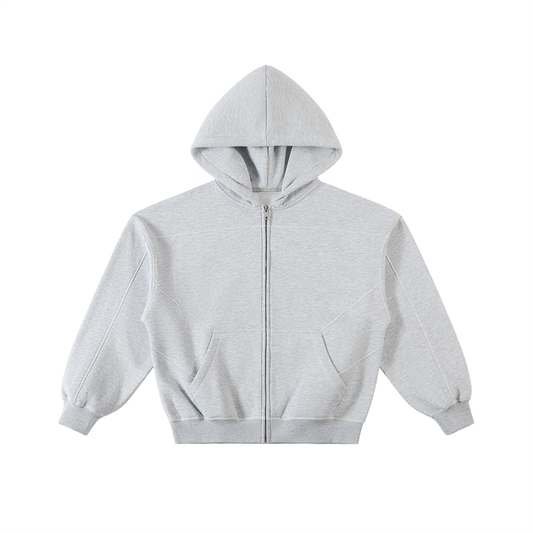 Contrast-Stitched Boxy Fleece Zip Hoodie Grey