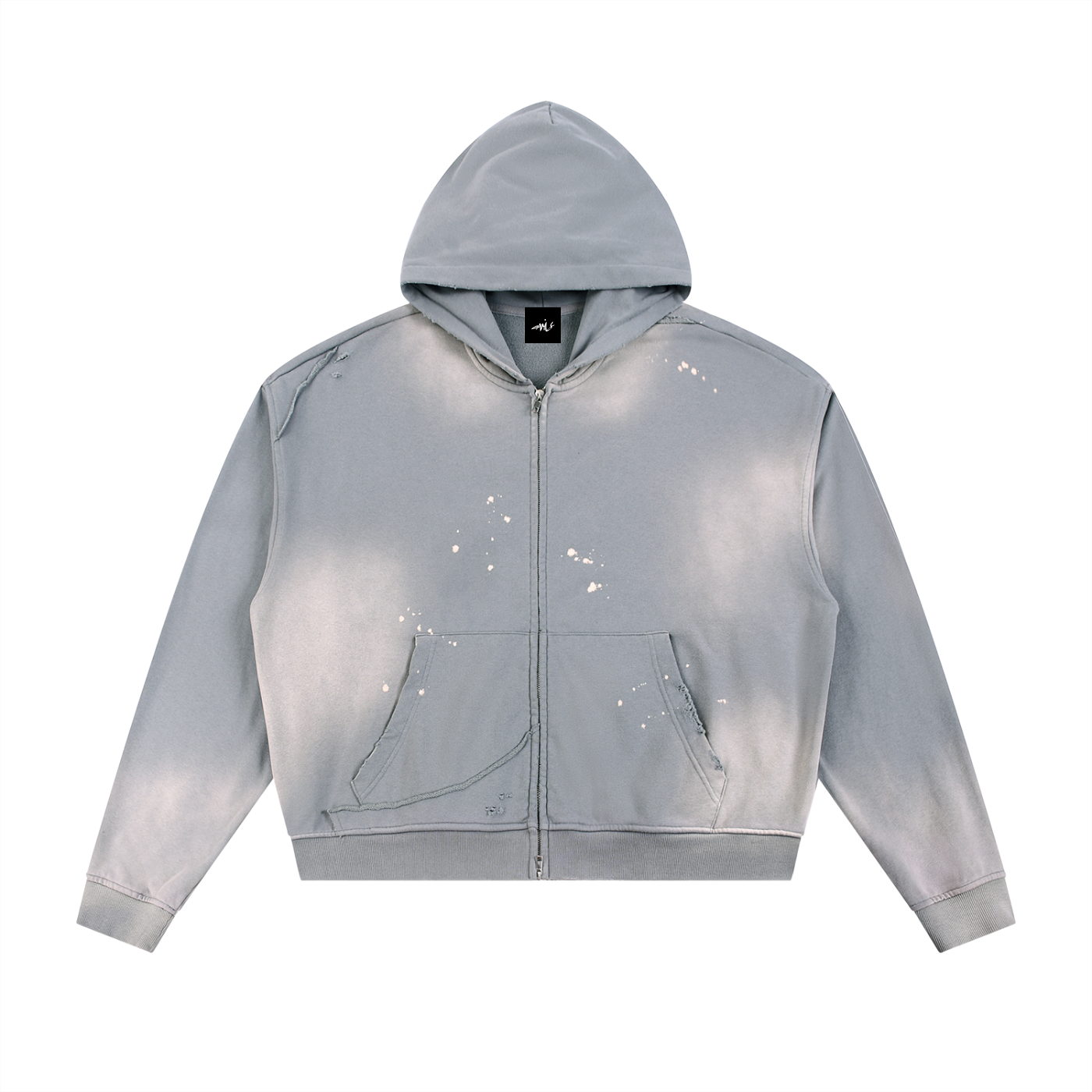 Sun Fade Frayed Raw Edge Fleece Zip Hoodie Blue