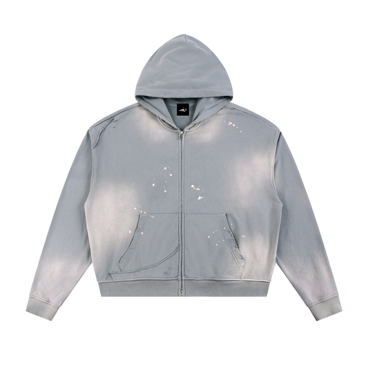 Sun Fade Frayed Raw Edge Fleece Zip Hoodie Blue