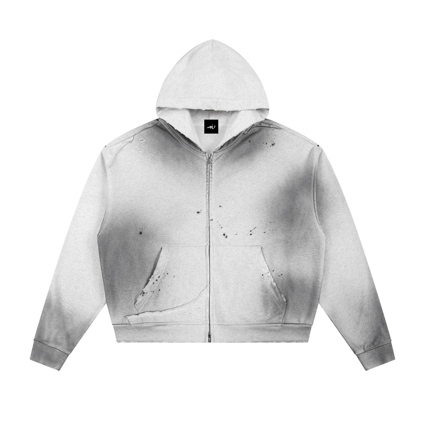 Sun Fade Frayed Raw Edge Fleece Zip Hoodie Grey