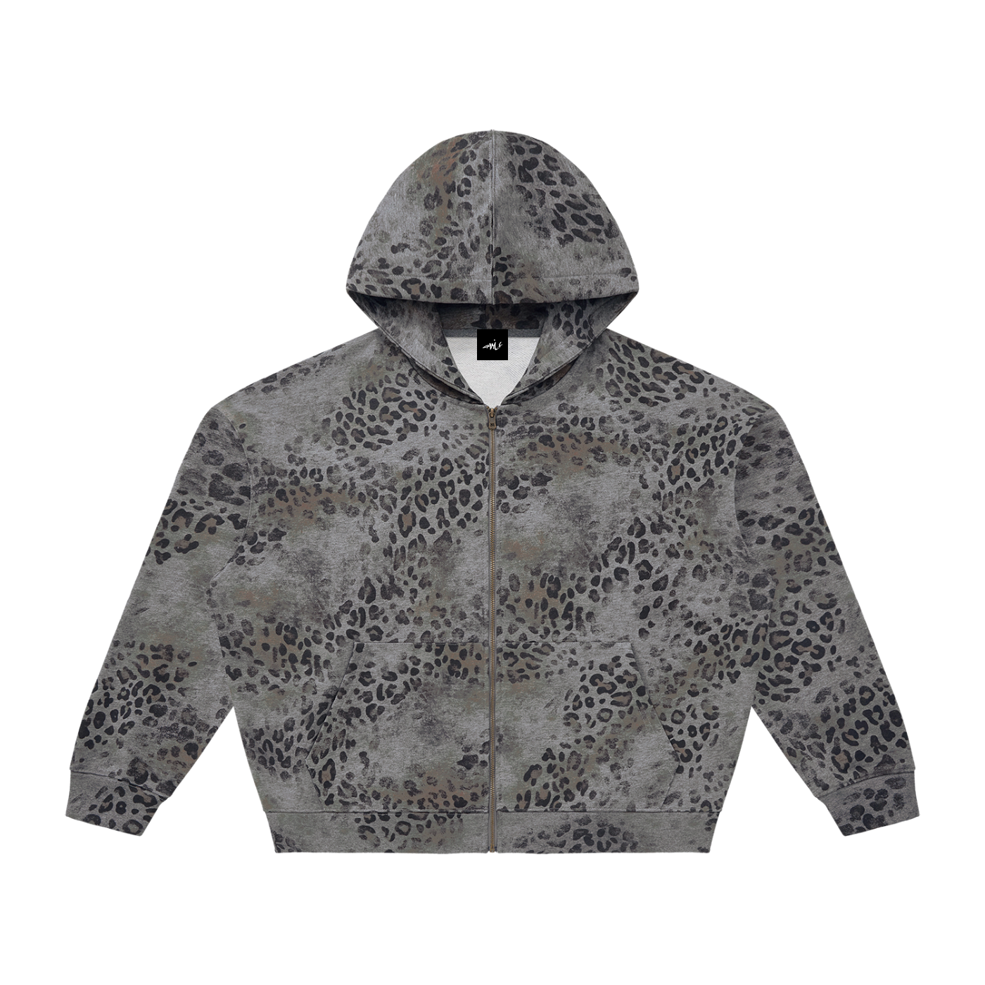 Vintage Wash Leopard Full Zip Hoodie Grey