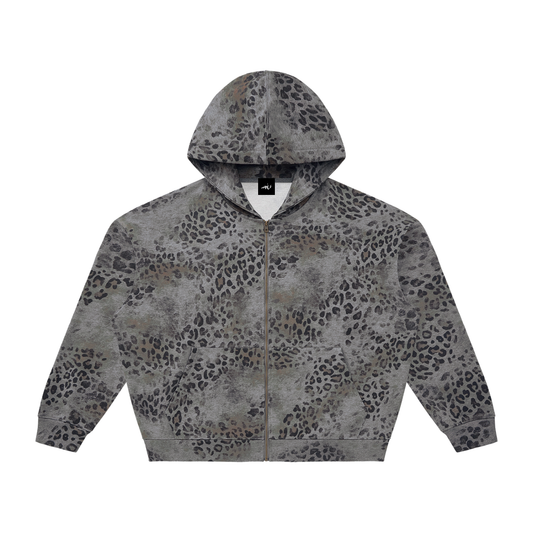 Vintage Wash Leopard Full Zip Hoodie Grey