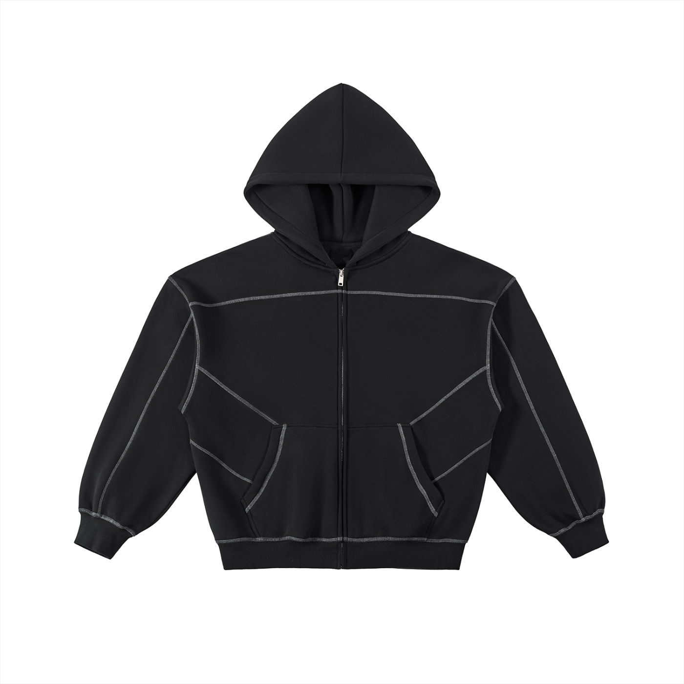 Contrast-Stitched Boxy Fleece Zip Hoodie Black