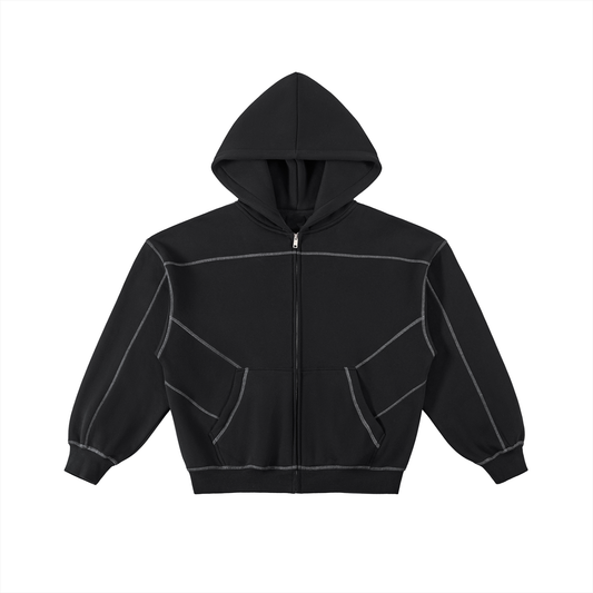 Contrast-Stitched Boxy Fleece Zip Hoodie Black