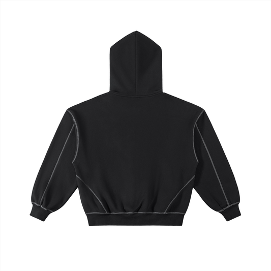 Contrast-Stitched Boxy Fleece Zip Hoodie Black